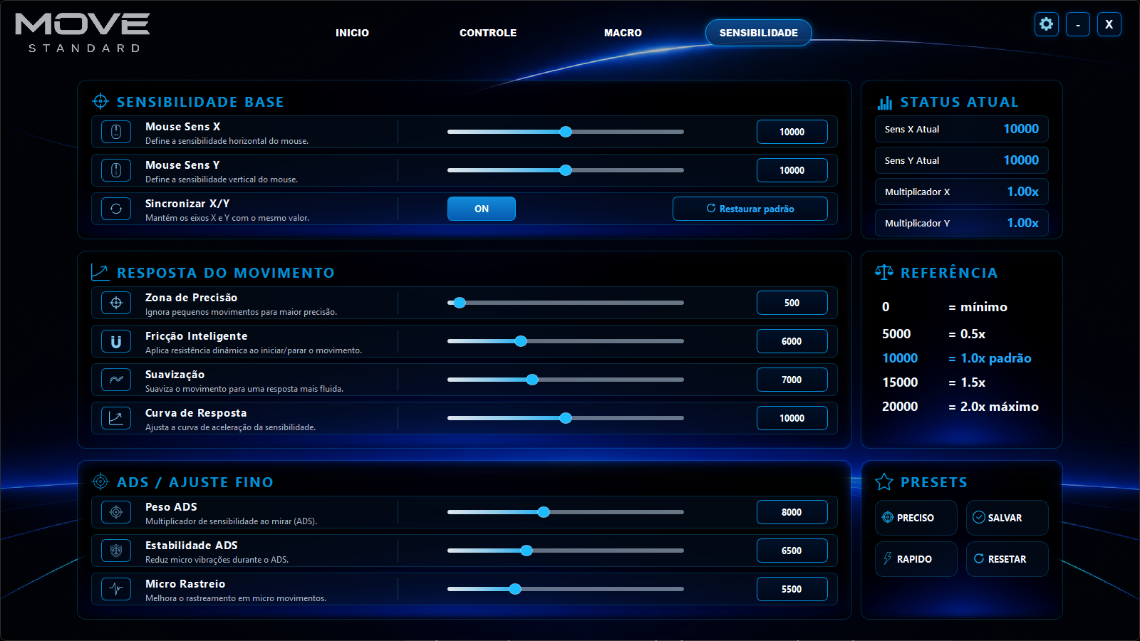 Interface de sensibilidade Move Standard